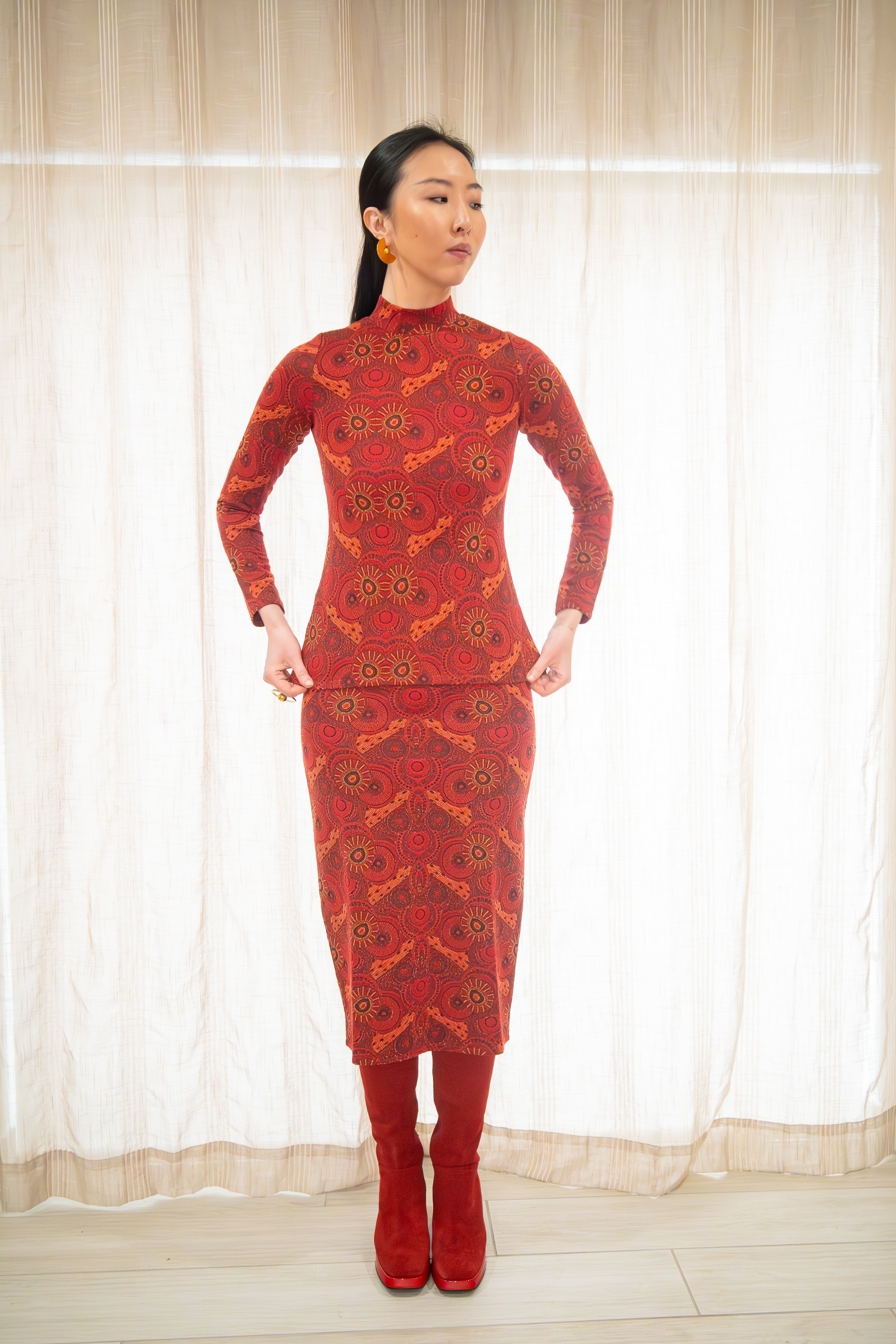 Red Jacquard Knit Turtleneck with Keyhole Back