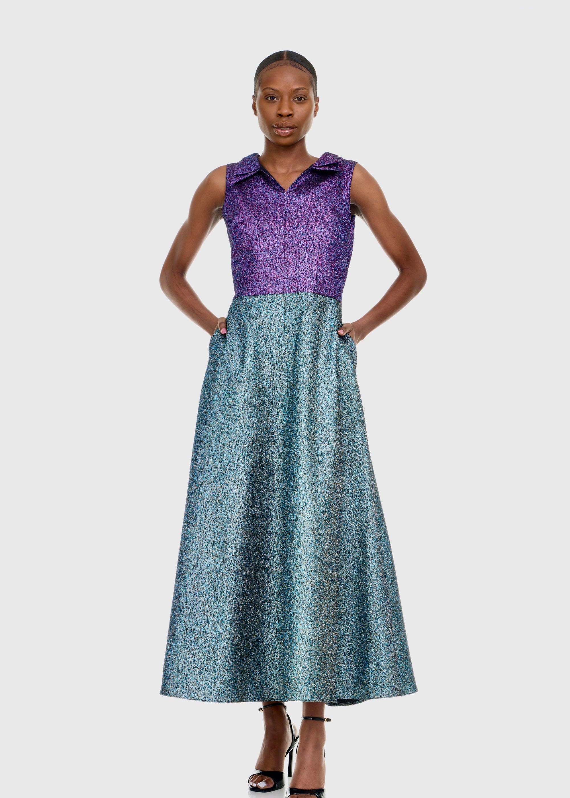 Black woman wearing Colorblock Shimmer Dress