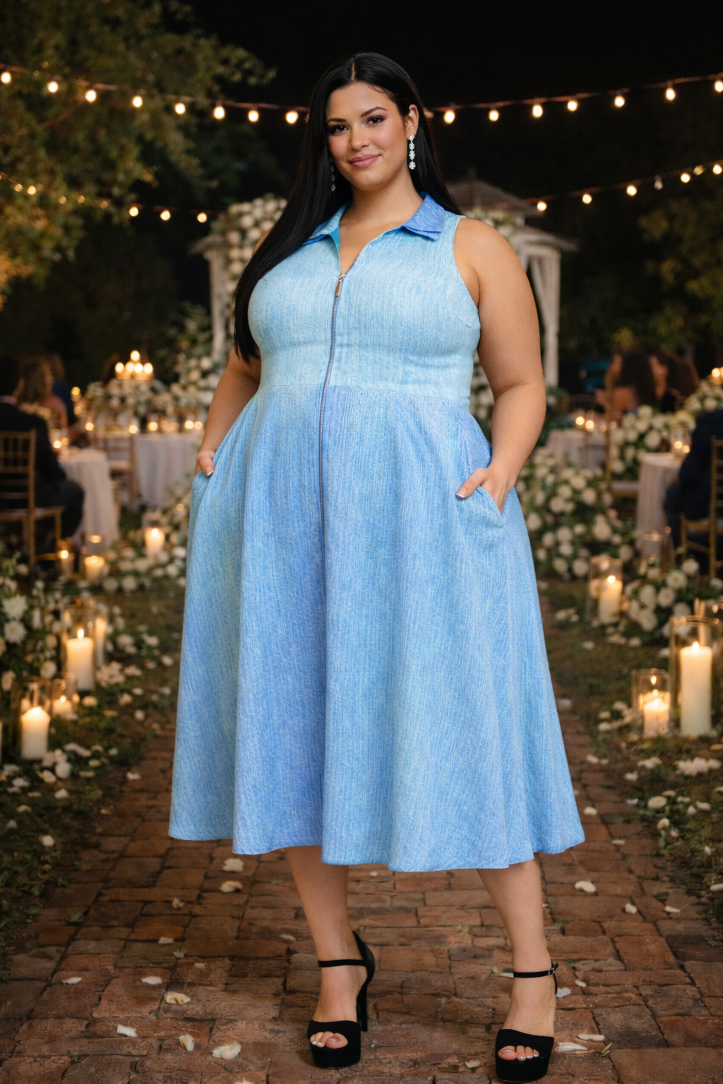 Plus-size woman wearing the double collar ombré dress, styled with heels, standing confidently at an outdoor wedding with candles and string lights in the background.