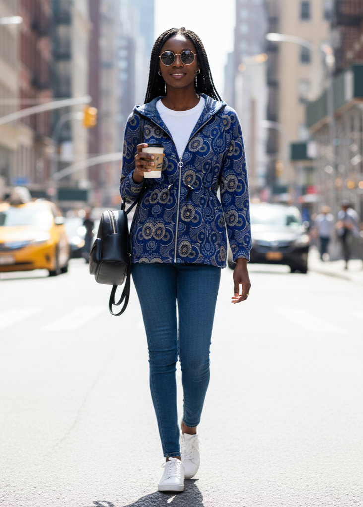Woman walking on a city street wearing a blue patterned jacket and jeans, holding a coffee cup.
