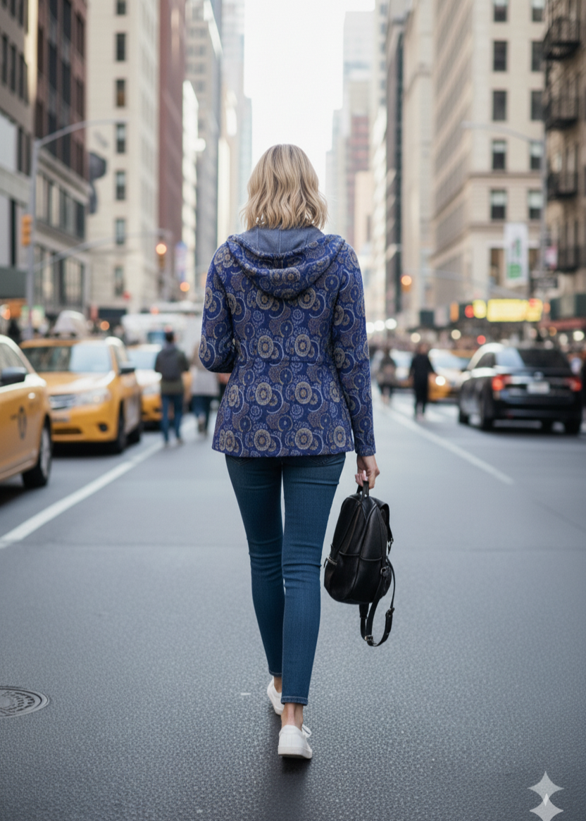 Woman walking on a city street wearing a blue patterned jacket and carrying a black bag.