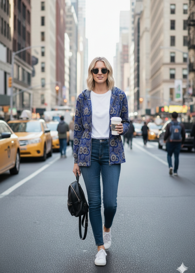 Woman walking on a city street wearing a patterned jacket, white sneakers, and blue jeans.