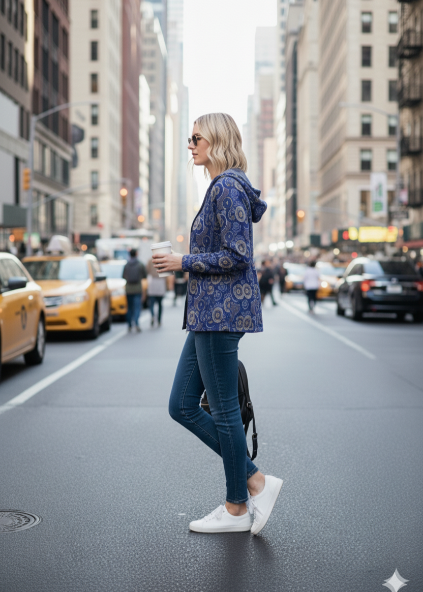 Woman walking on a city street holding a coffee cup, wearing a blue patterned jacket and jeans.