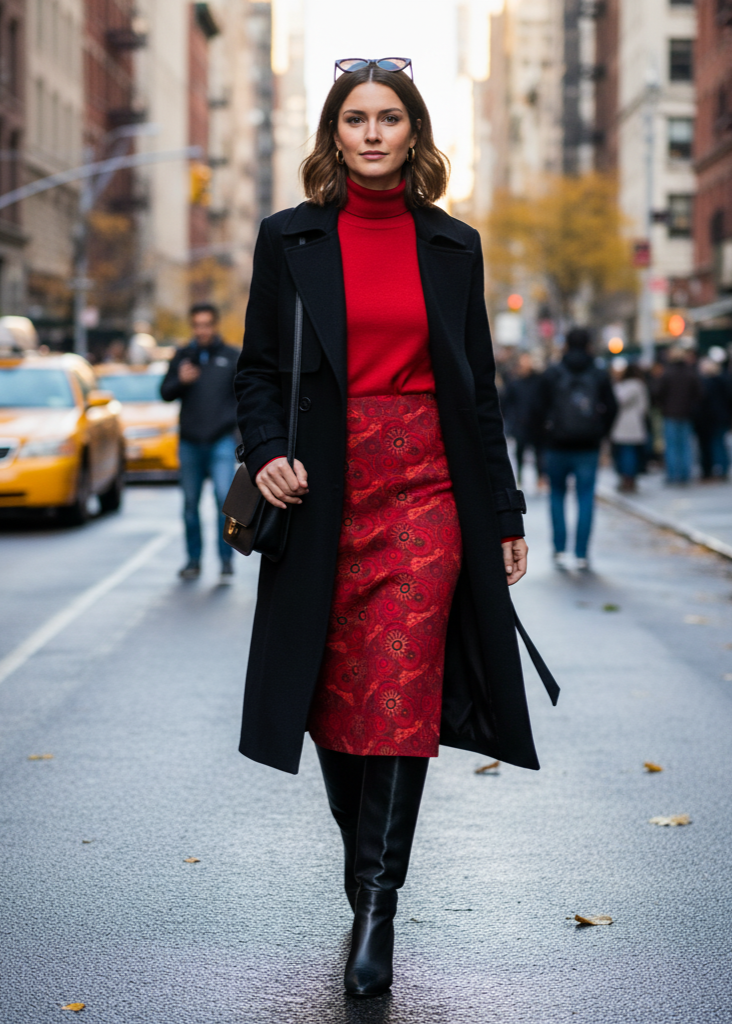 Woman in a black coat and red dress walking on a city street.