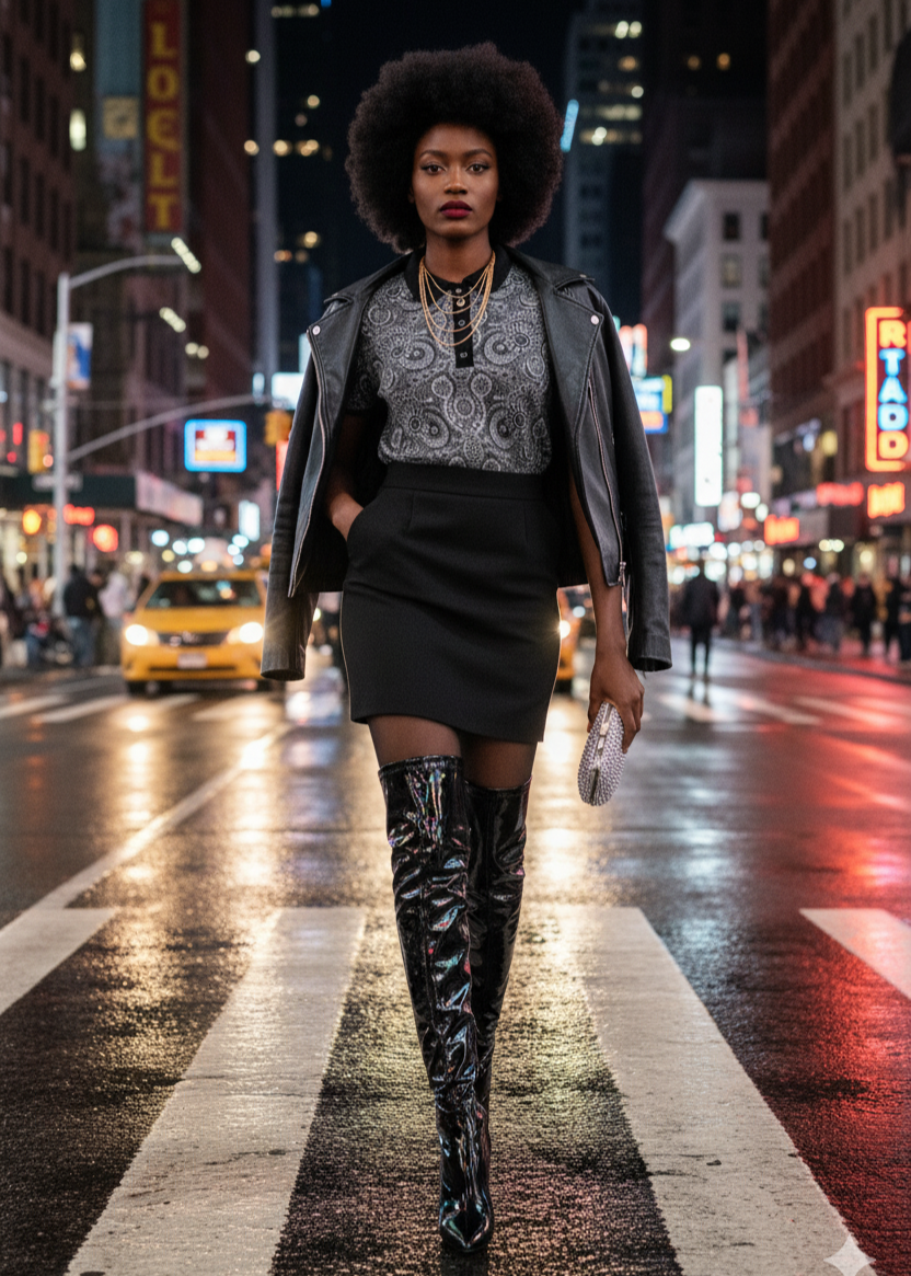 Woman walking on a city street at night with neon signs and traffic lights.