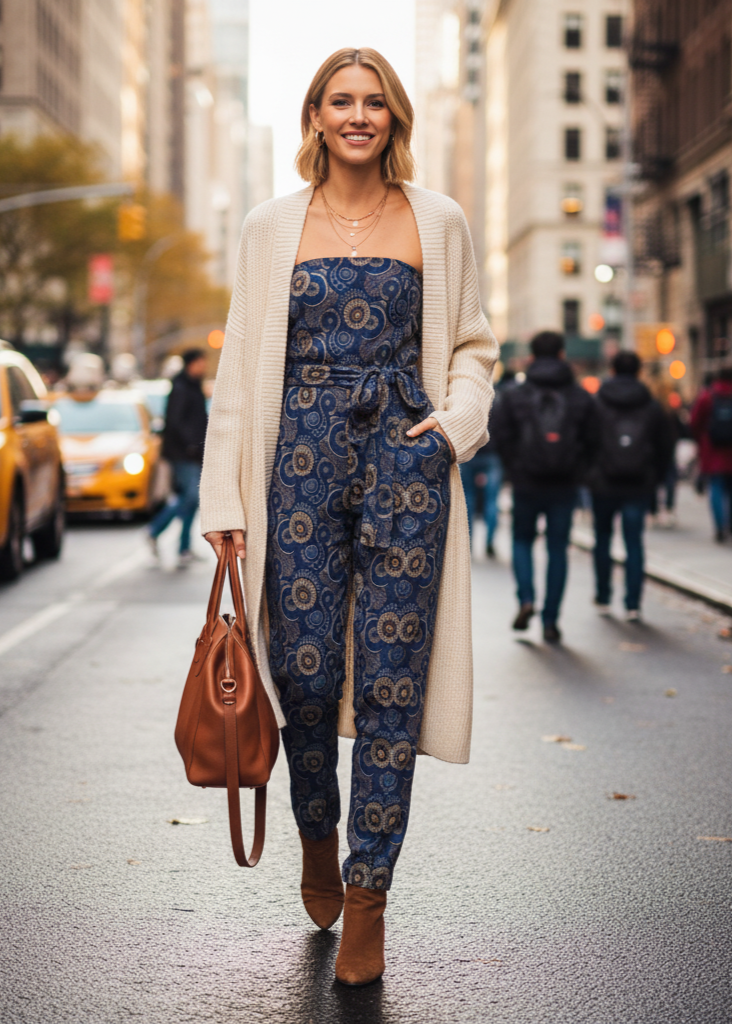 Woman in a blue patterned jumpsuit walking on a city street.