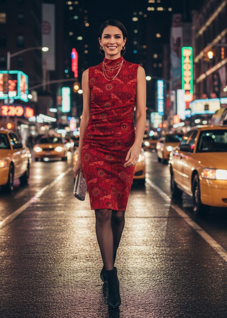 Woman in a red dress standing on a city street at night with taxis and neon lights.