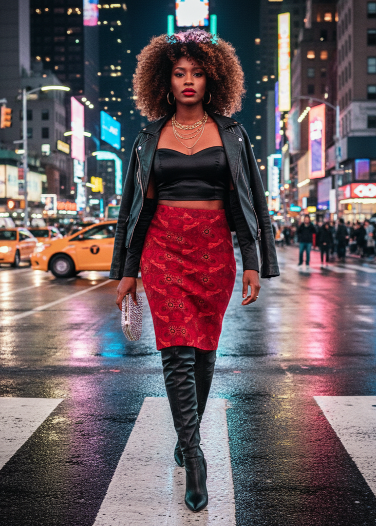 Woman in a red skirt and black jacket standing on a city street at night.