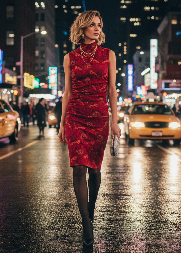 Woman in a red dress walking on a city street at night with neon lights and taxis.
