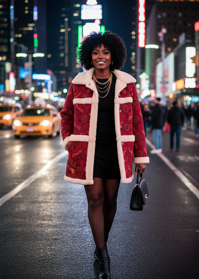 Woman in a red coat walking on a city street at night with bright lights in the background
