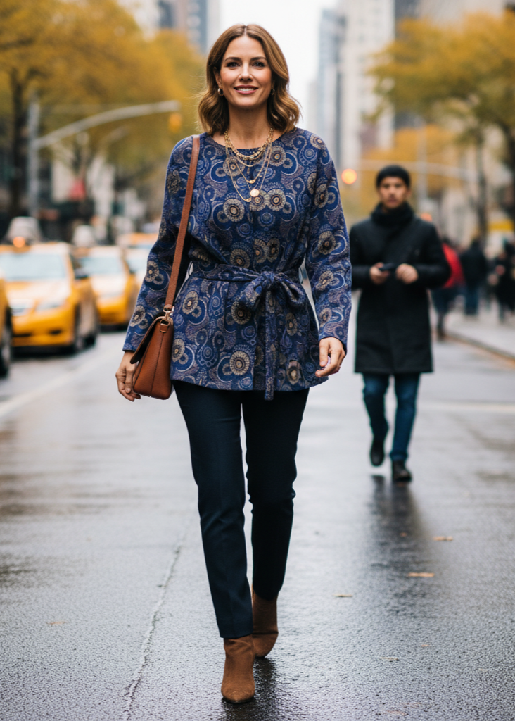 Woman walking on a city street wearing a blue patterned dress with taxis in the background.