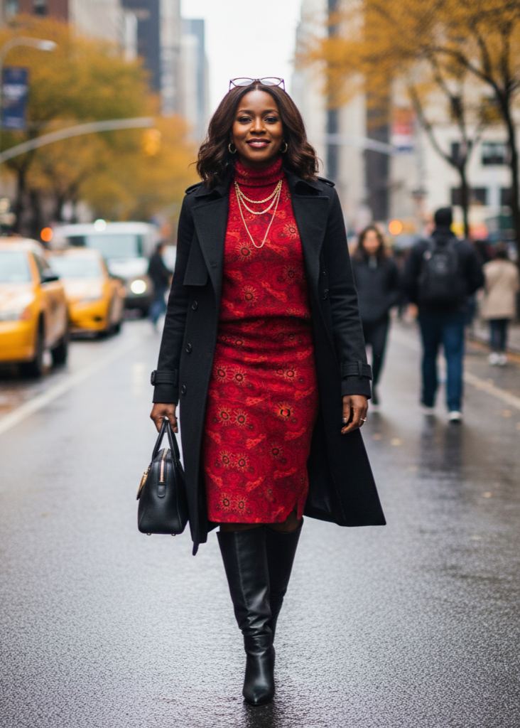 Woman in a red dress and black coat walking on a city street.