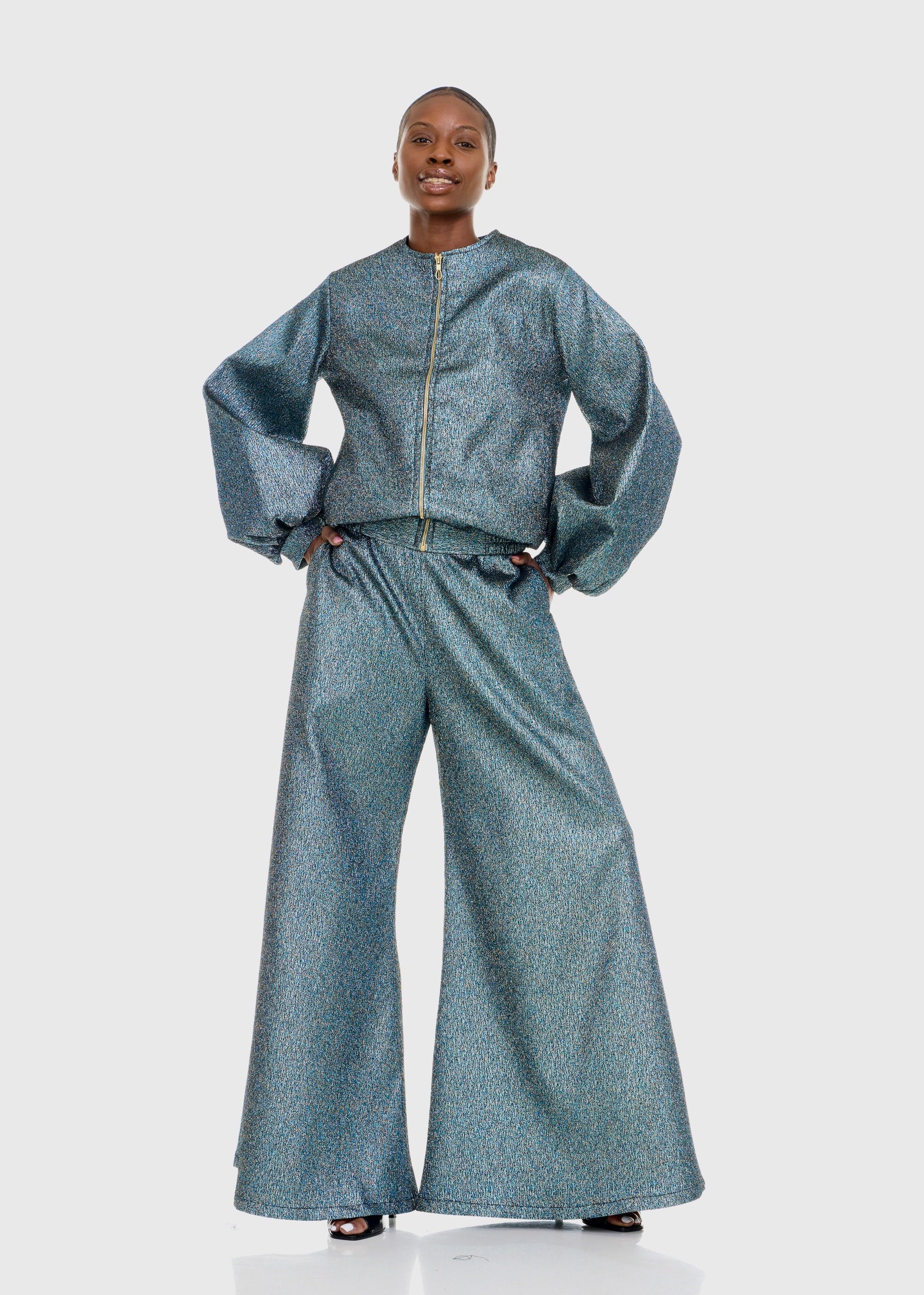 Black woman wearing Strapless Green Shimmer Flared Pants