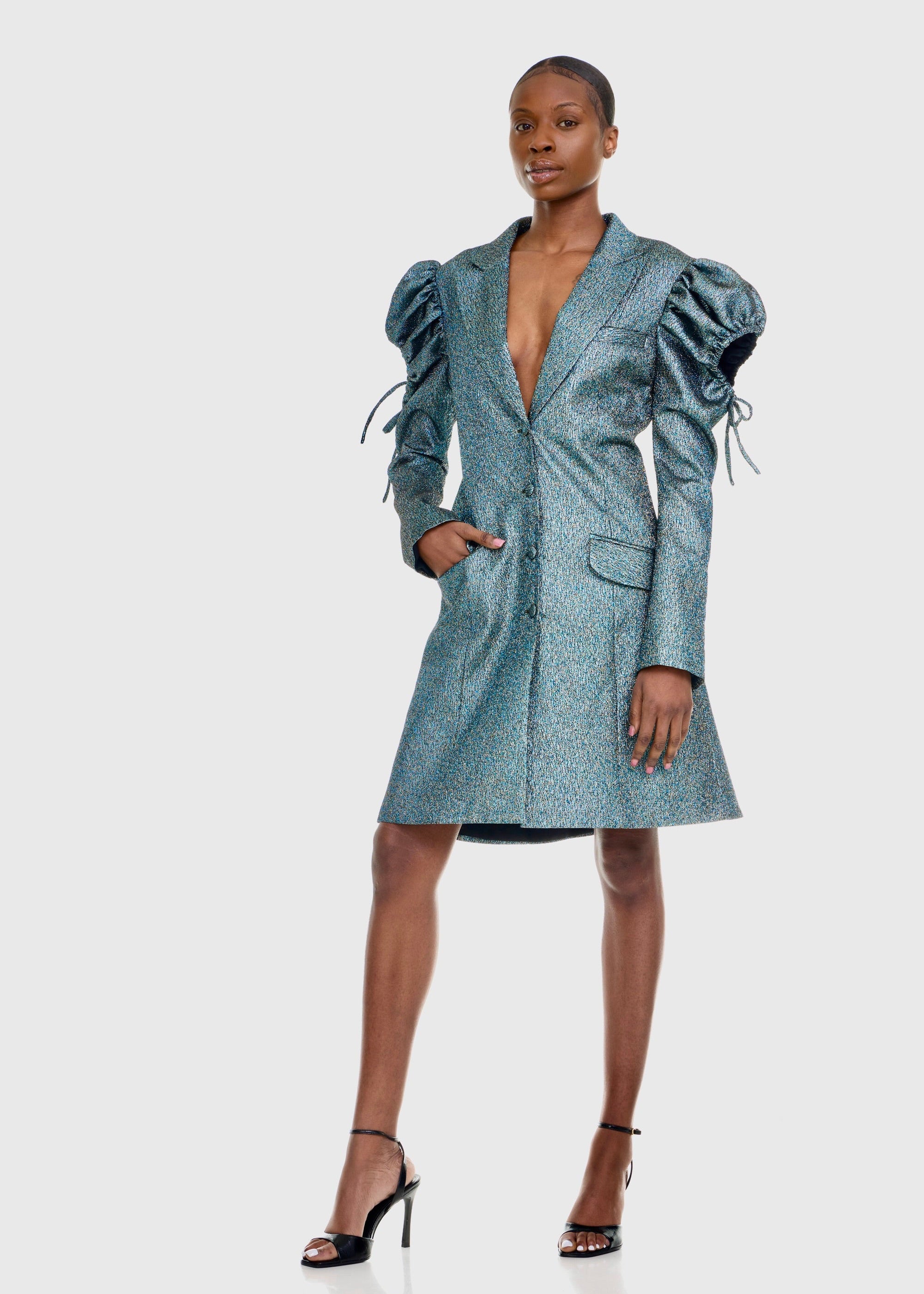 Black woman wearing Green Shimmer Tuxedo Dress/Jacket