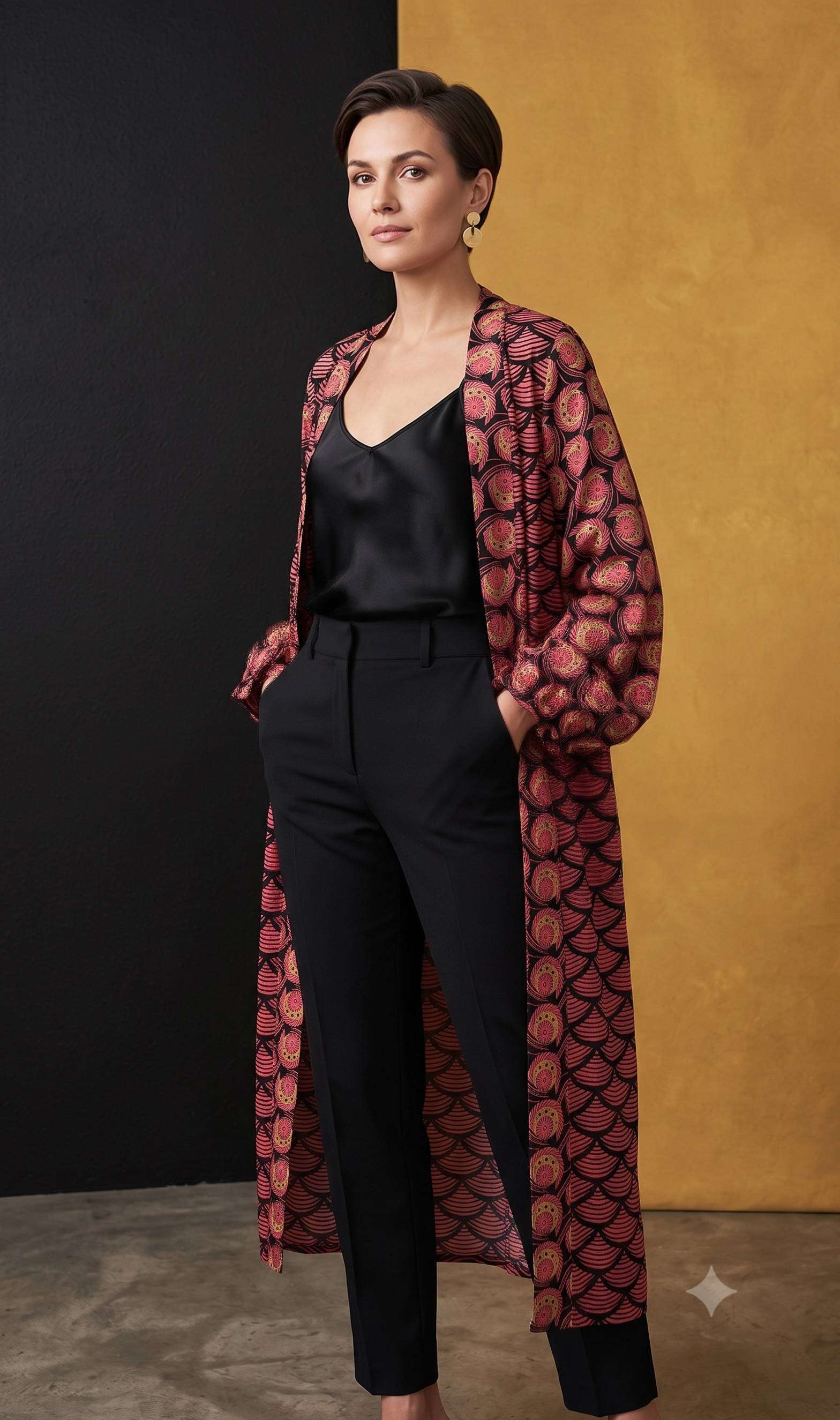 Woman wearing a red patterned coat over a black outfit against a black and yellow gradient background