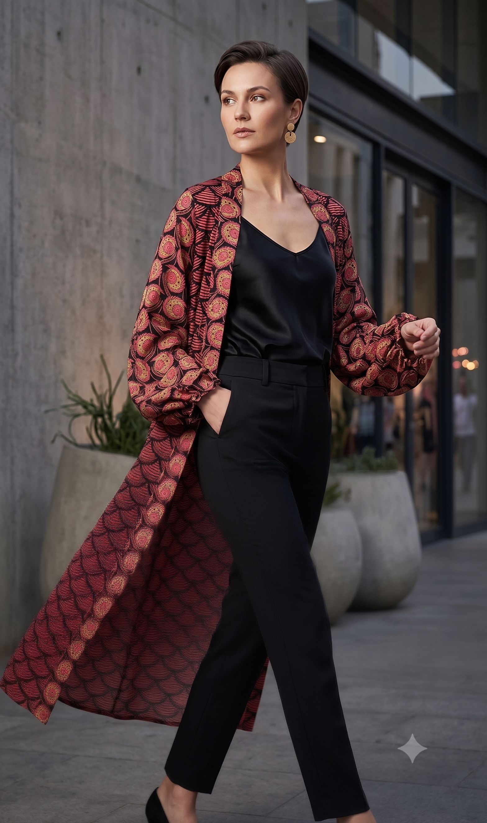 Woman wearing a patterned red coat over a black outfit in an urban setting