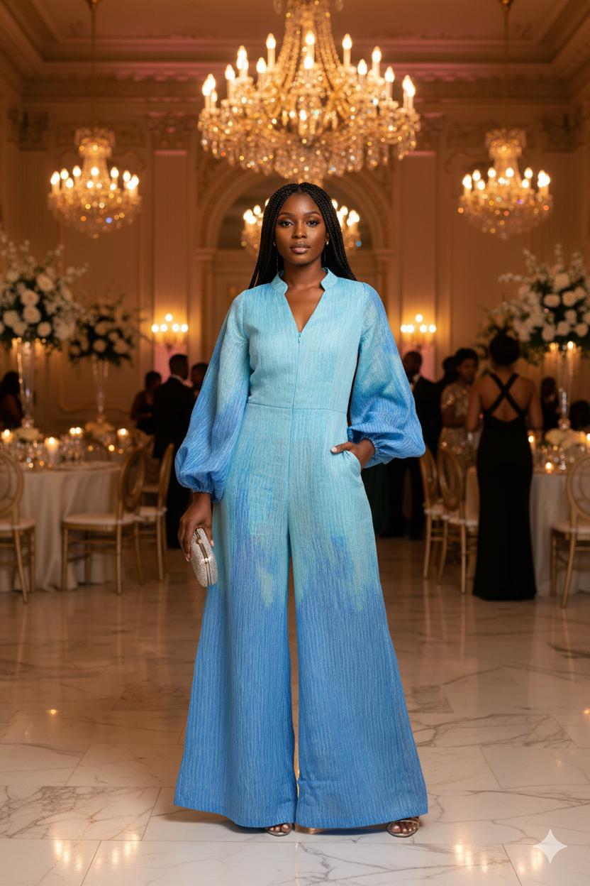 Woman in a blue jumpsuit with balloon sleeves standing in an elegant ballroom with chandeliers.