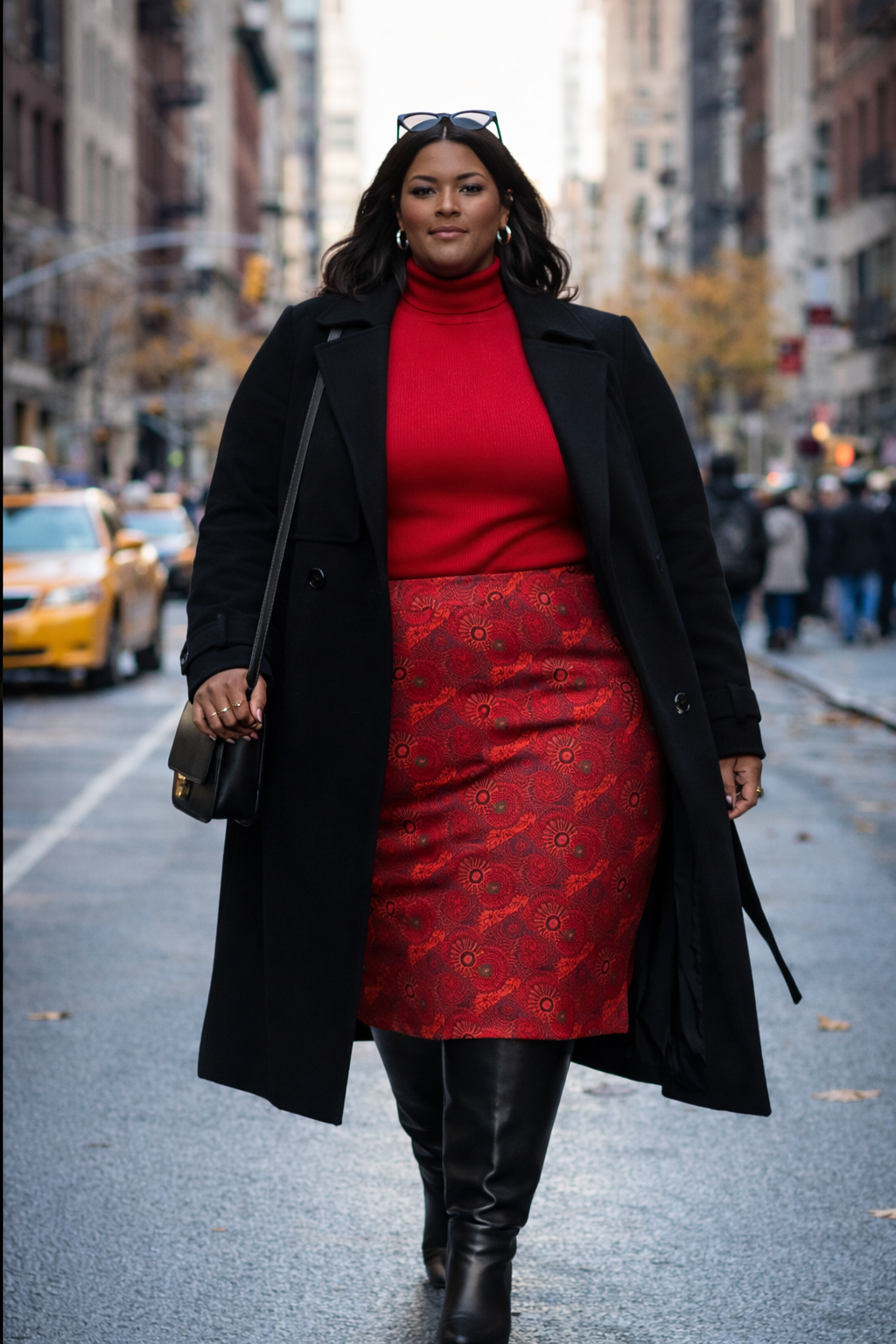 Plus-size model wearing the Banjul skirt in a bold red patterned design, styled with a black coat and red top, walking in a busy city street.