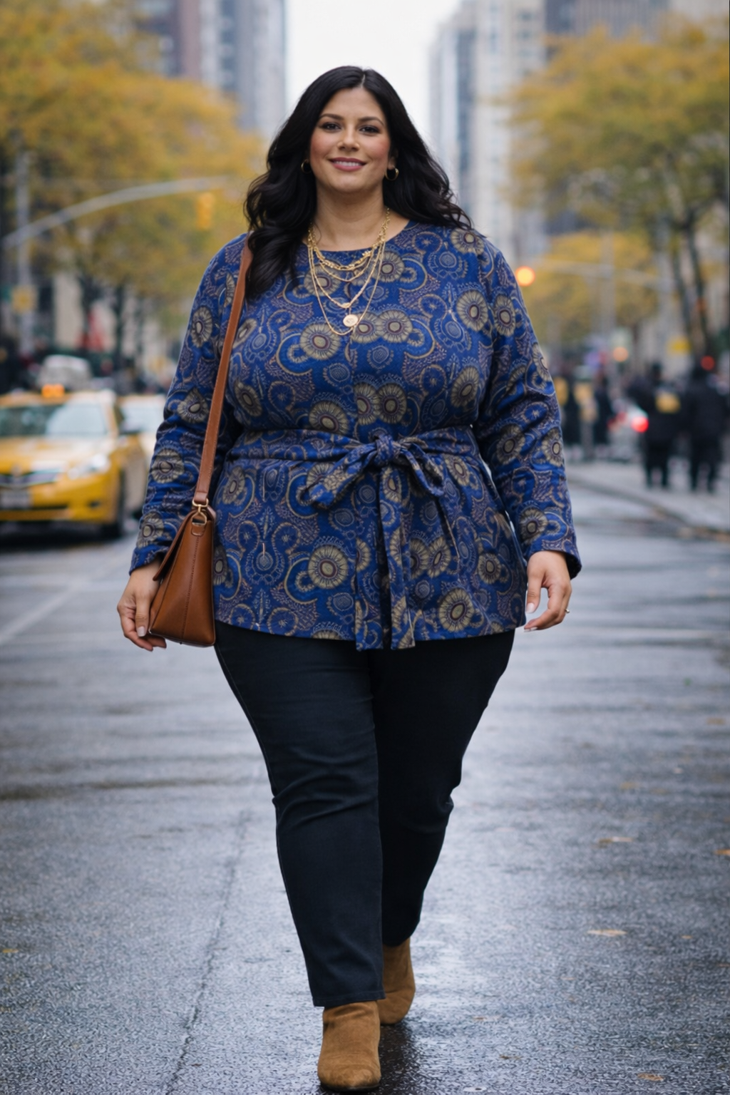 Plus-size model wearing the blue Nouakchott jacket with a patterned design, walking in a busy city street with autumn trees and taxis.