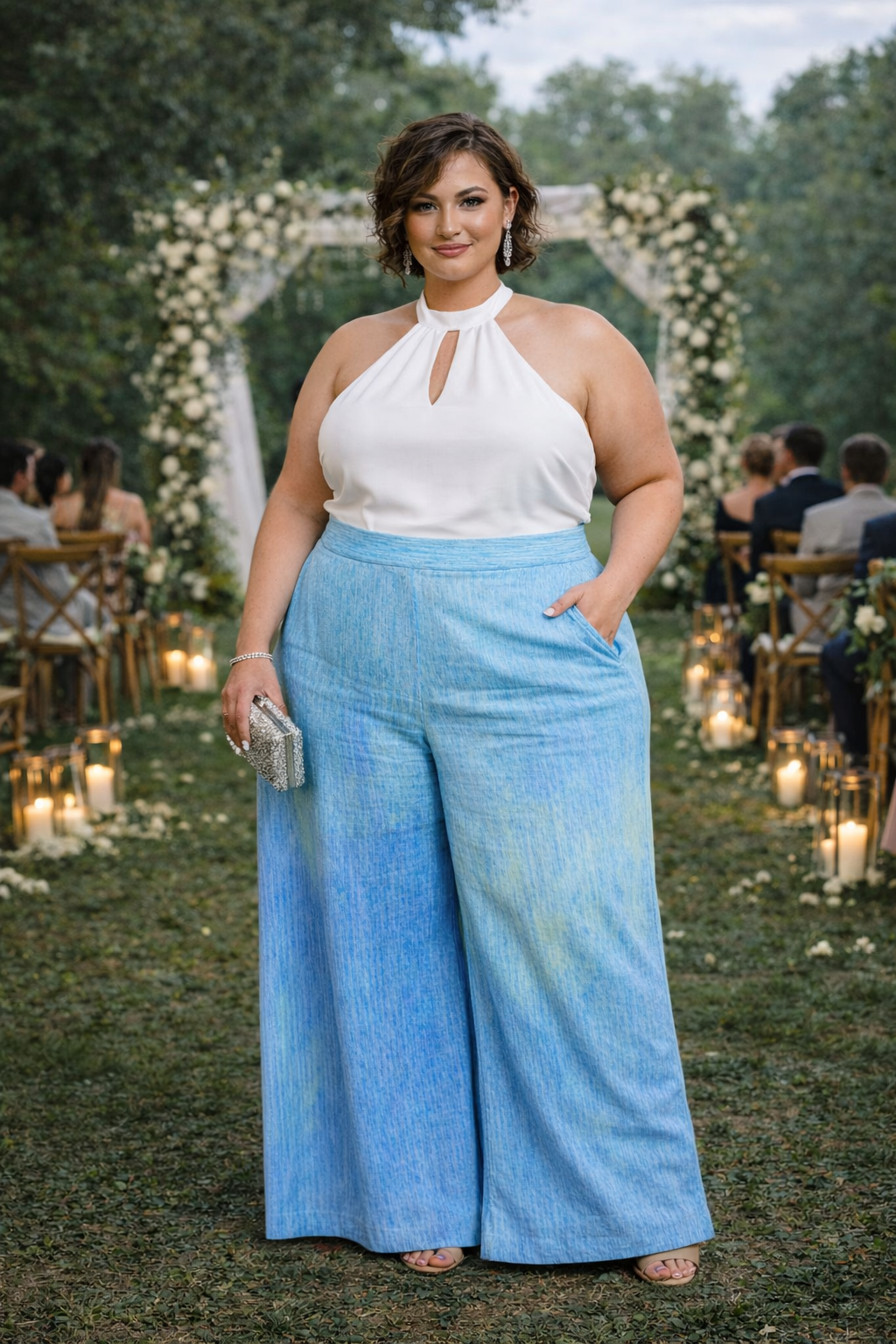Plus-size model wearing flared ombré pants in a soft blue gradient, styled with a white top, posing at a romantic outdoor wedding setting.