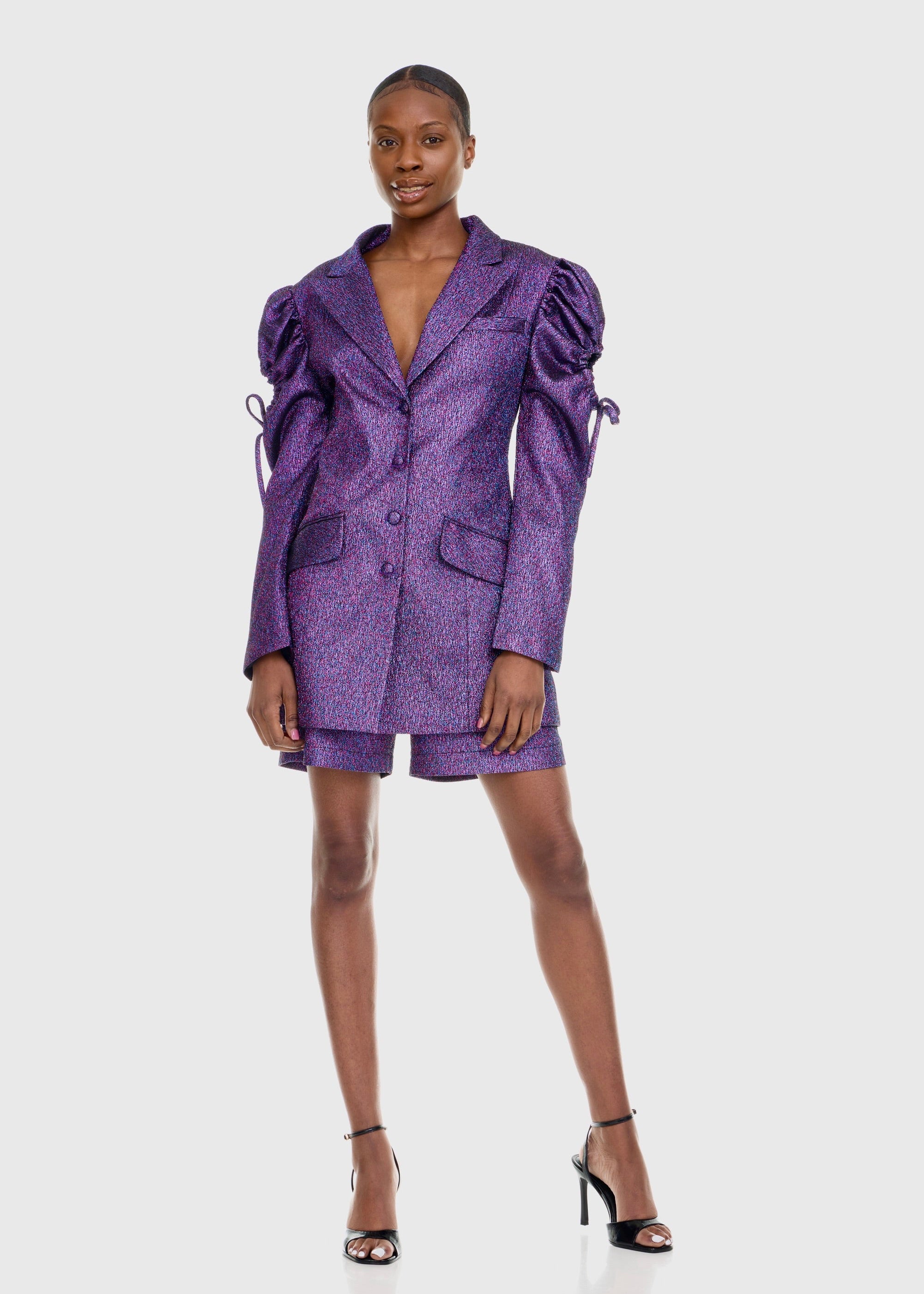 Black woman wearing Purple Shimmer High Waist Shorts