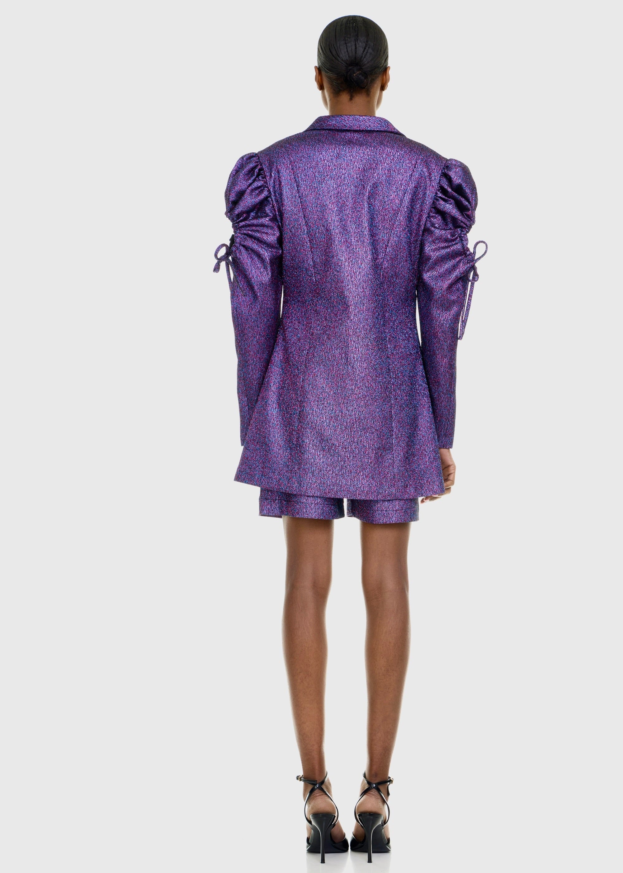 Black woman wearing Purple Shimmer High Waist Shorts