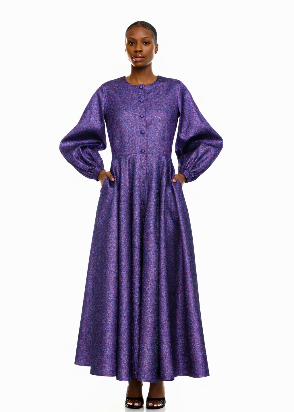 Black woman wearing Purple Shimmer Shirtdress