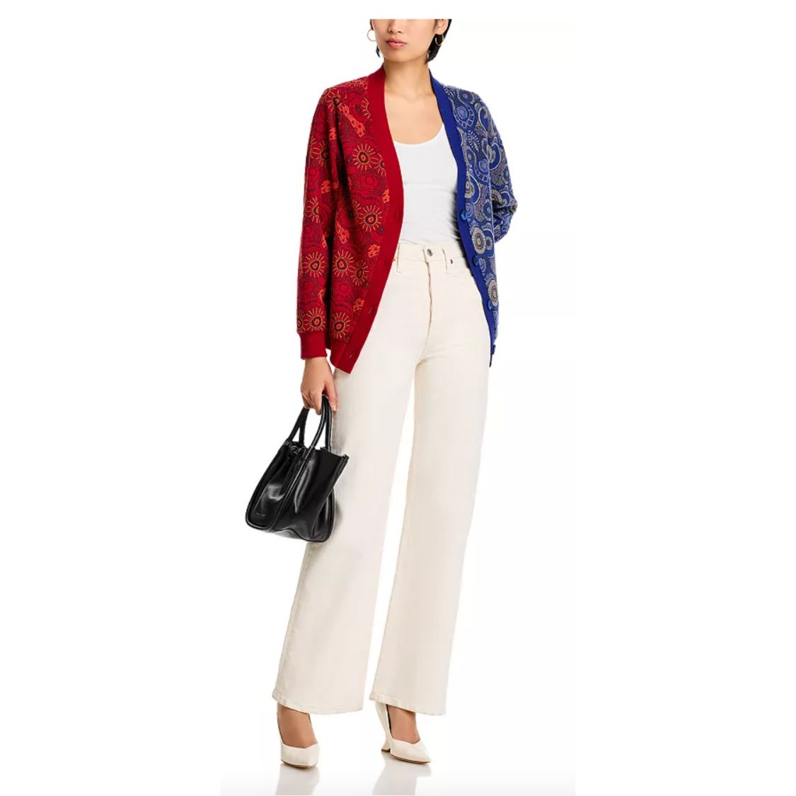 Woman style the Red & Blue Colorblock Jacquard Cardigan with white jeans