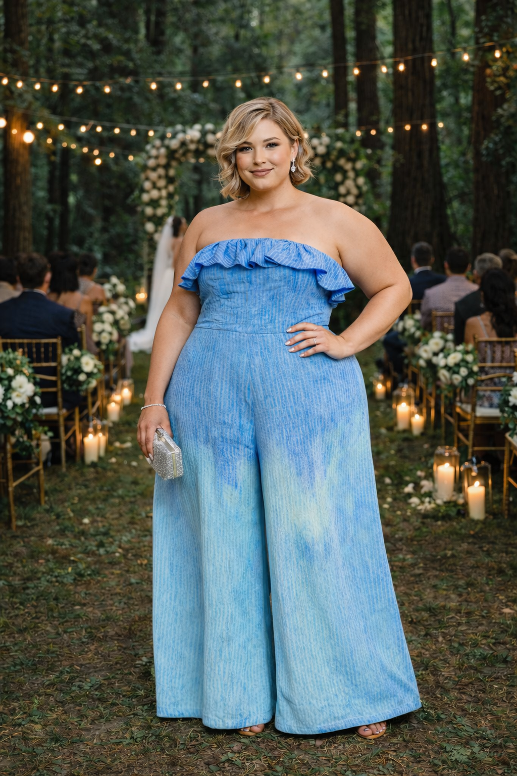 Plus-size woman wearing the strapless blue ombré jumpsuit, styled with heels and a clutch, standing confidently at an outdoor wedding with candles and string lights in the background.