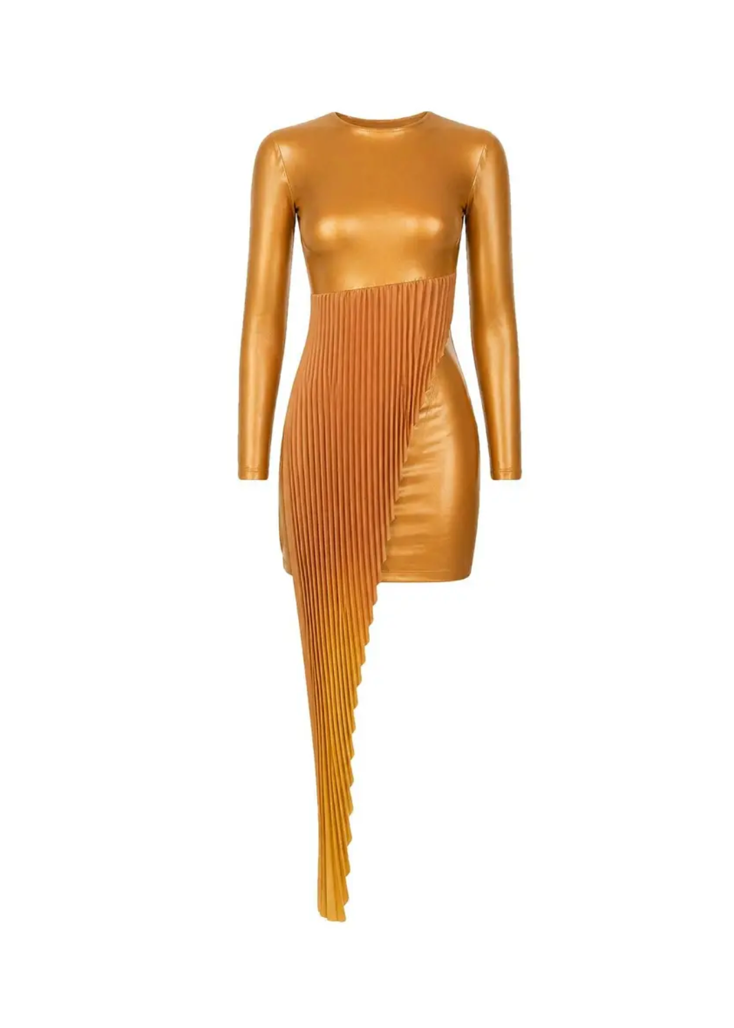 Golden Sand Faux Leather Midi Dress with Front Pleat