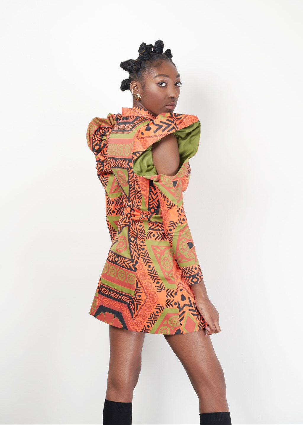 Close-up of the Tanganyika Jacket's African print fabric and design details