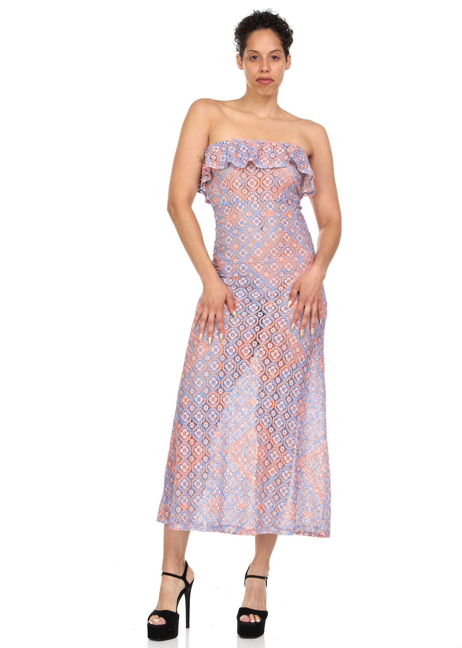 strapless maxi lace dress, worn by model facing forward.