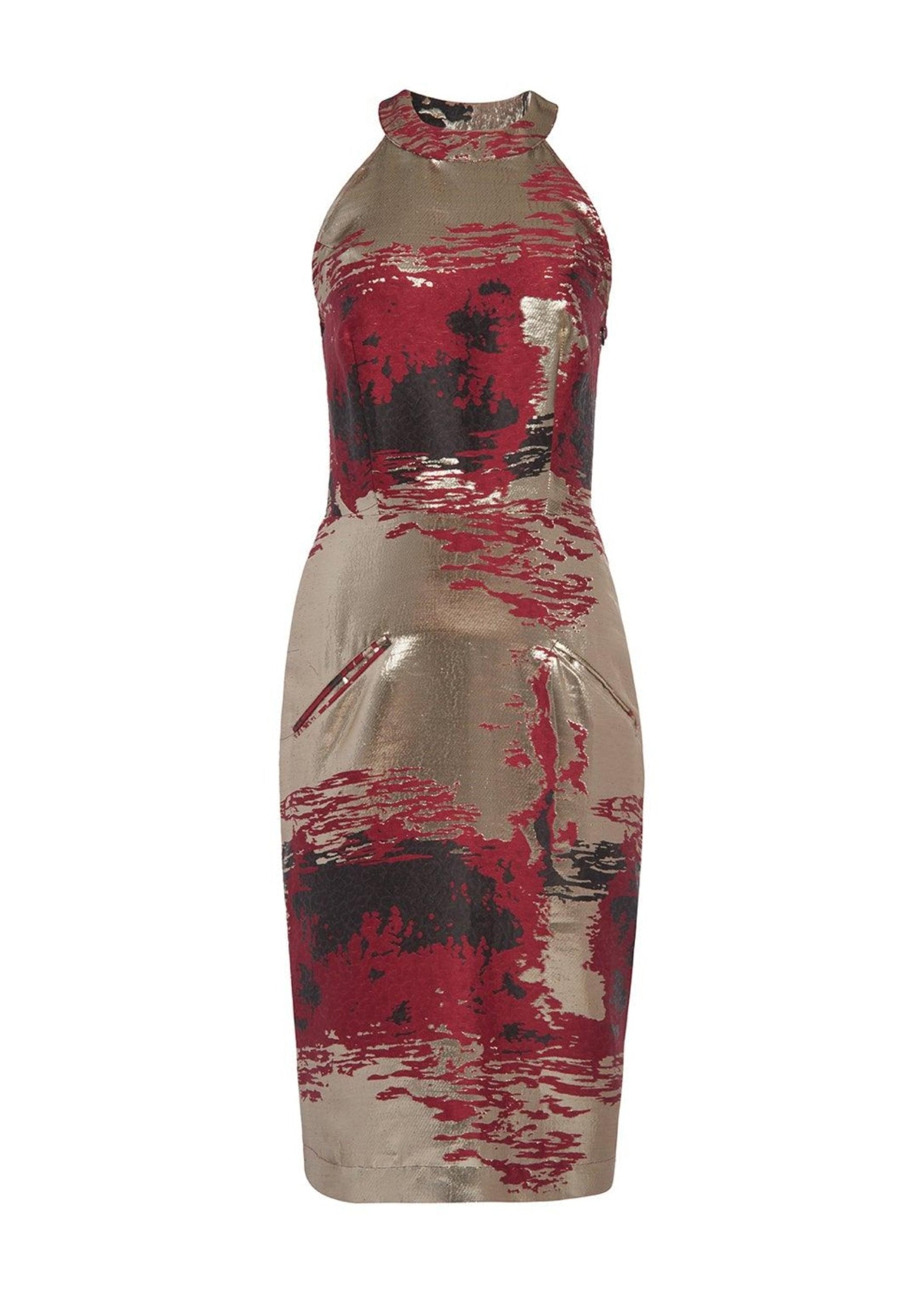 The Amara Dress featuring a red and black pattern