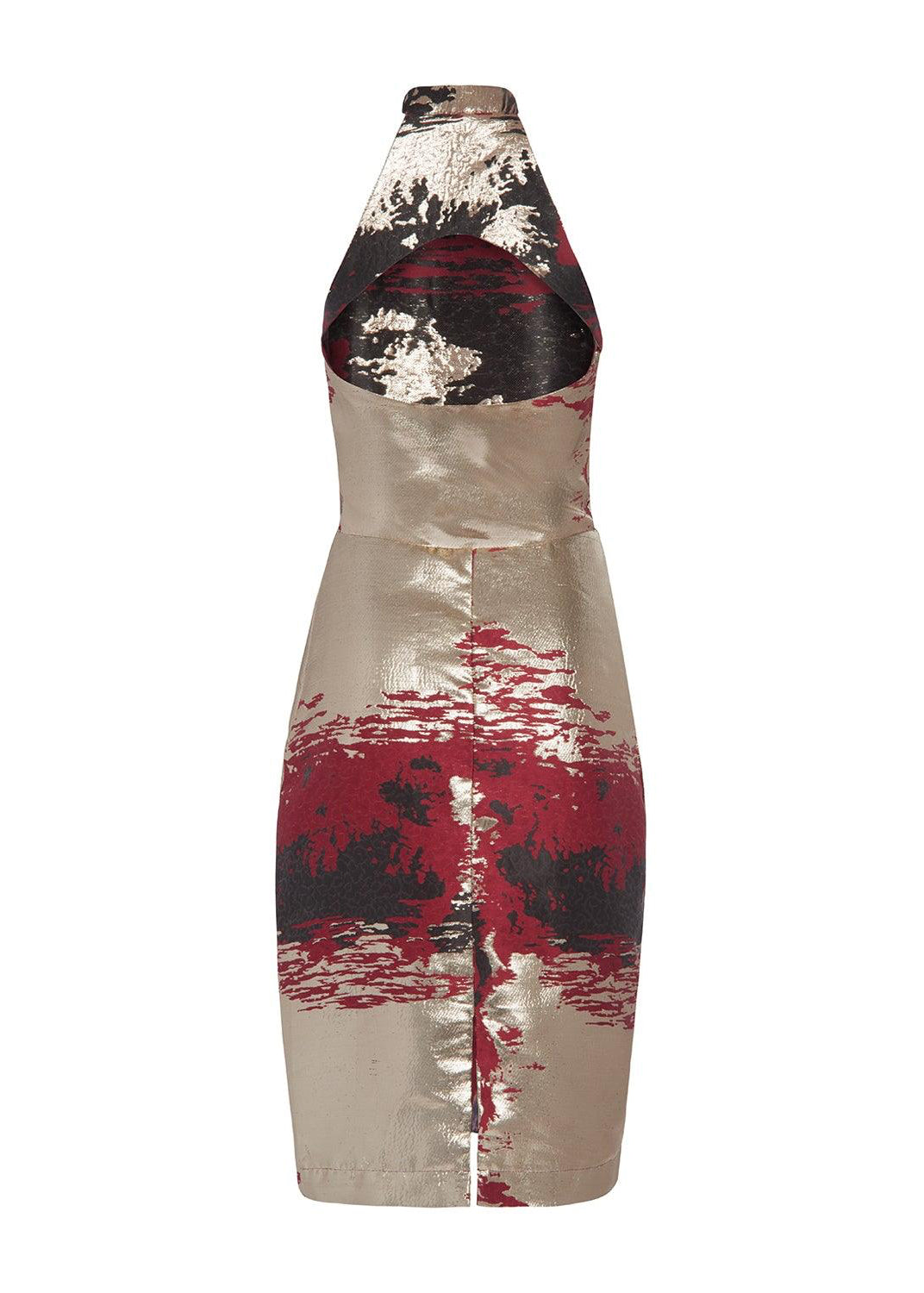 Close-up of the Amara Dress's red and black design