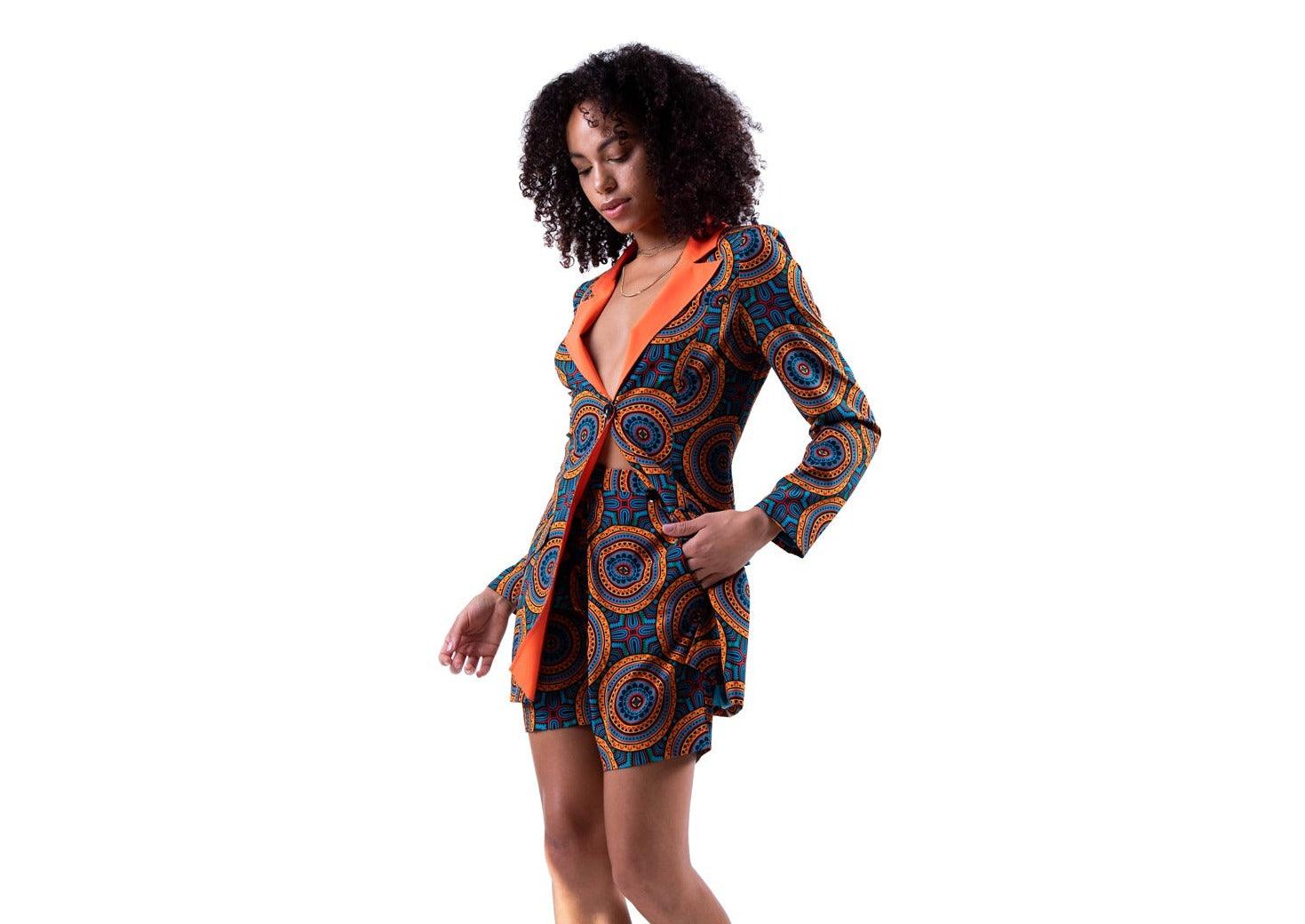 Close-up of the Fiesta Shorts showcasing the African-inspired print