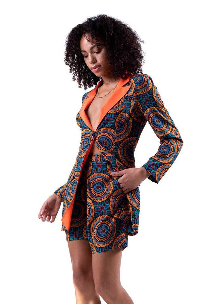 Close-up of the Fiesta Shorts showcasing the African-inspired print