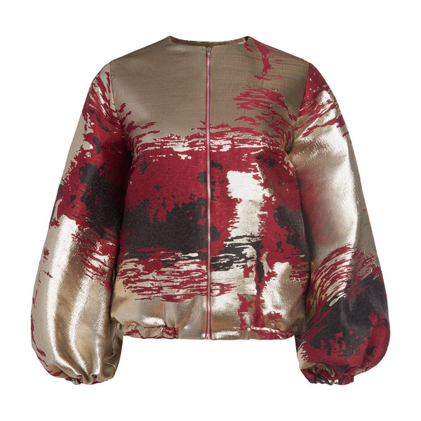 red and gold jacquard bomber jacket