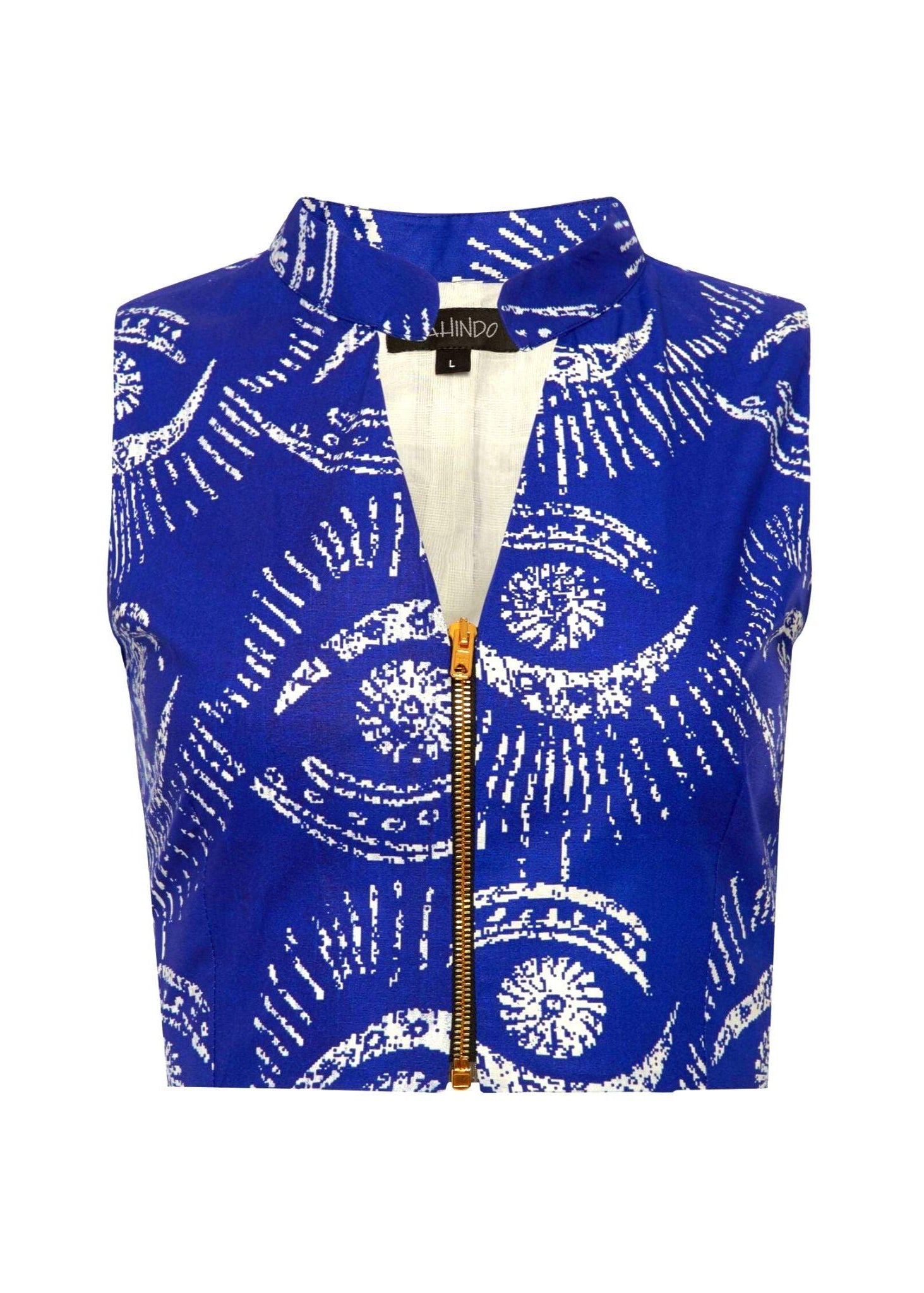 Wasini Crop Top with blue and white pattern and front zipper detail