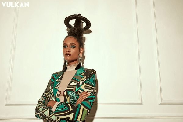 model wearing african inspired fashion in vulkan magazine