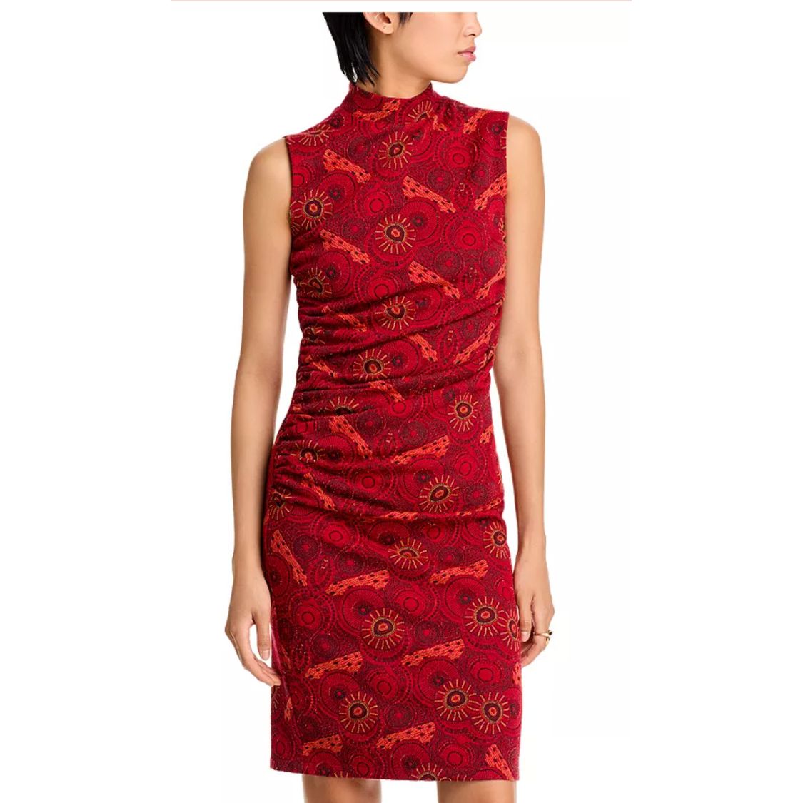 Red Jacquard Knit Mock Neck Ruched Dress