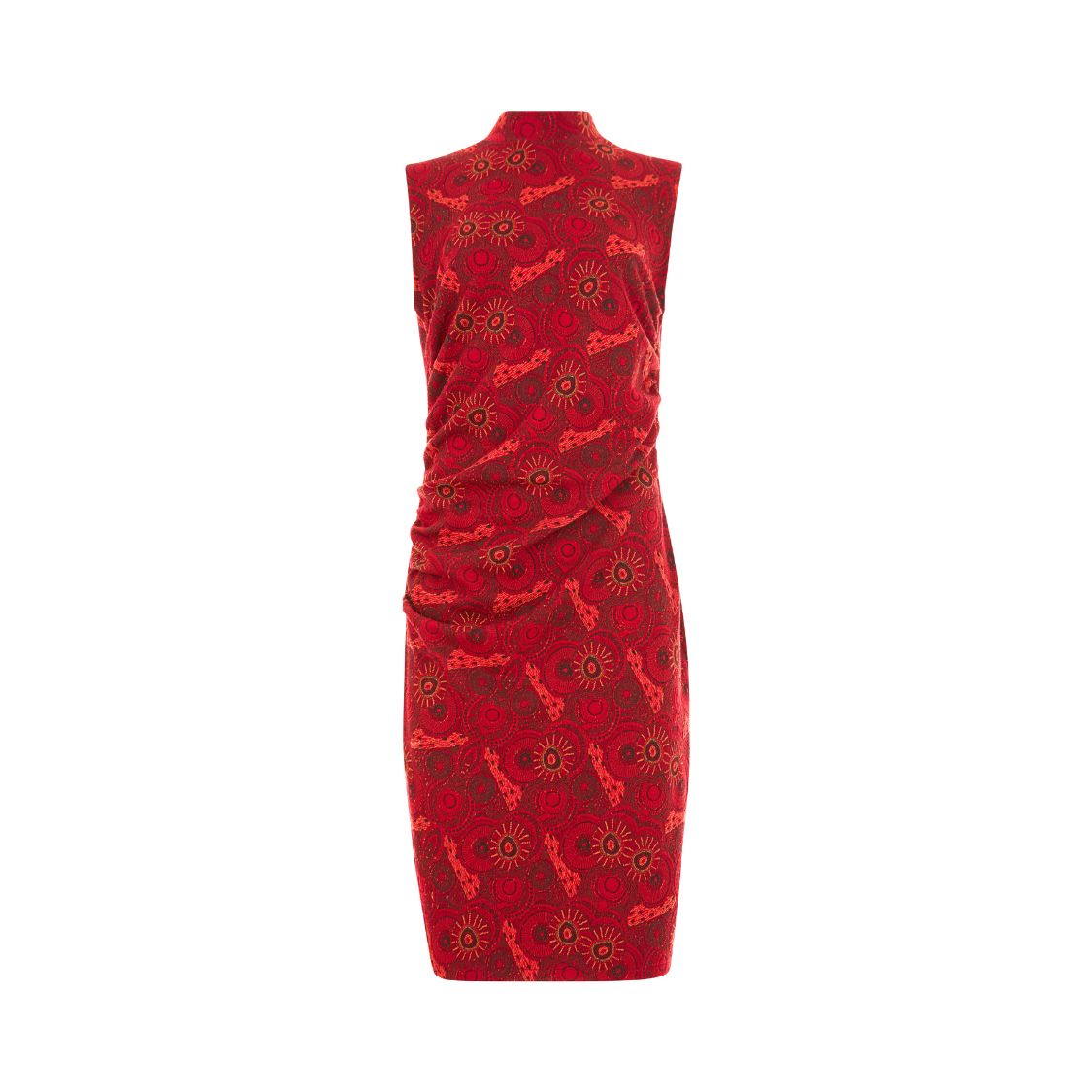 Red Jacquard Knit Mock Neck Ruched Dress