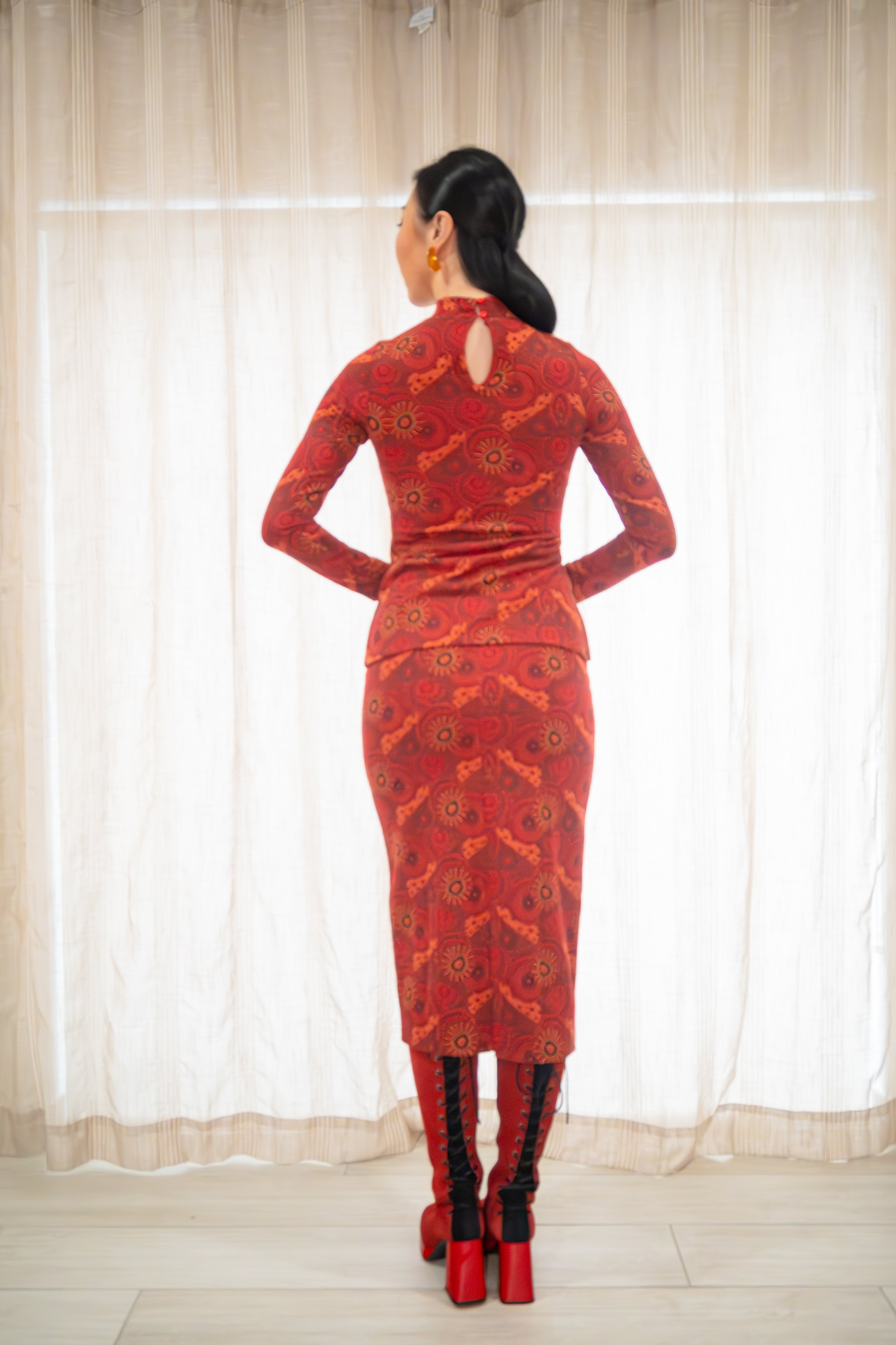 Red Jacquard Knit Turtleneck with Keyhole Back