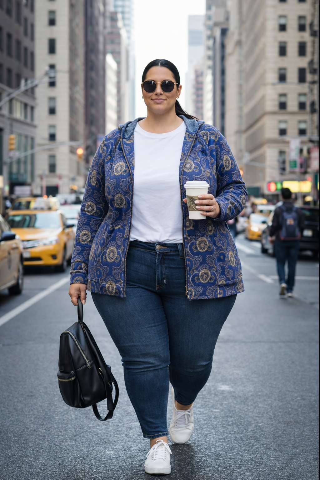 Plus-size woman wearing the blue Dakar hoodie, styled with jeans and sneakers, walking confidently through a busy city street while holding a coffee.
