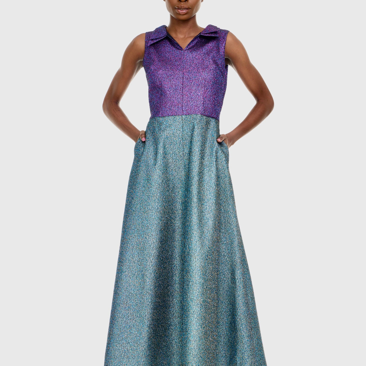 color block formal dress Metallic Colorblock Maxi with Pockets M Holiday '22 white color Neck Sleeveless Multi Color Size:2 (XS)