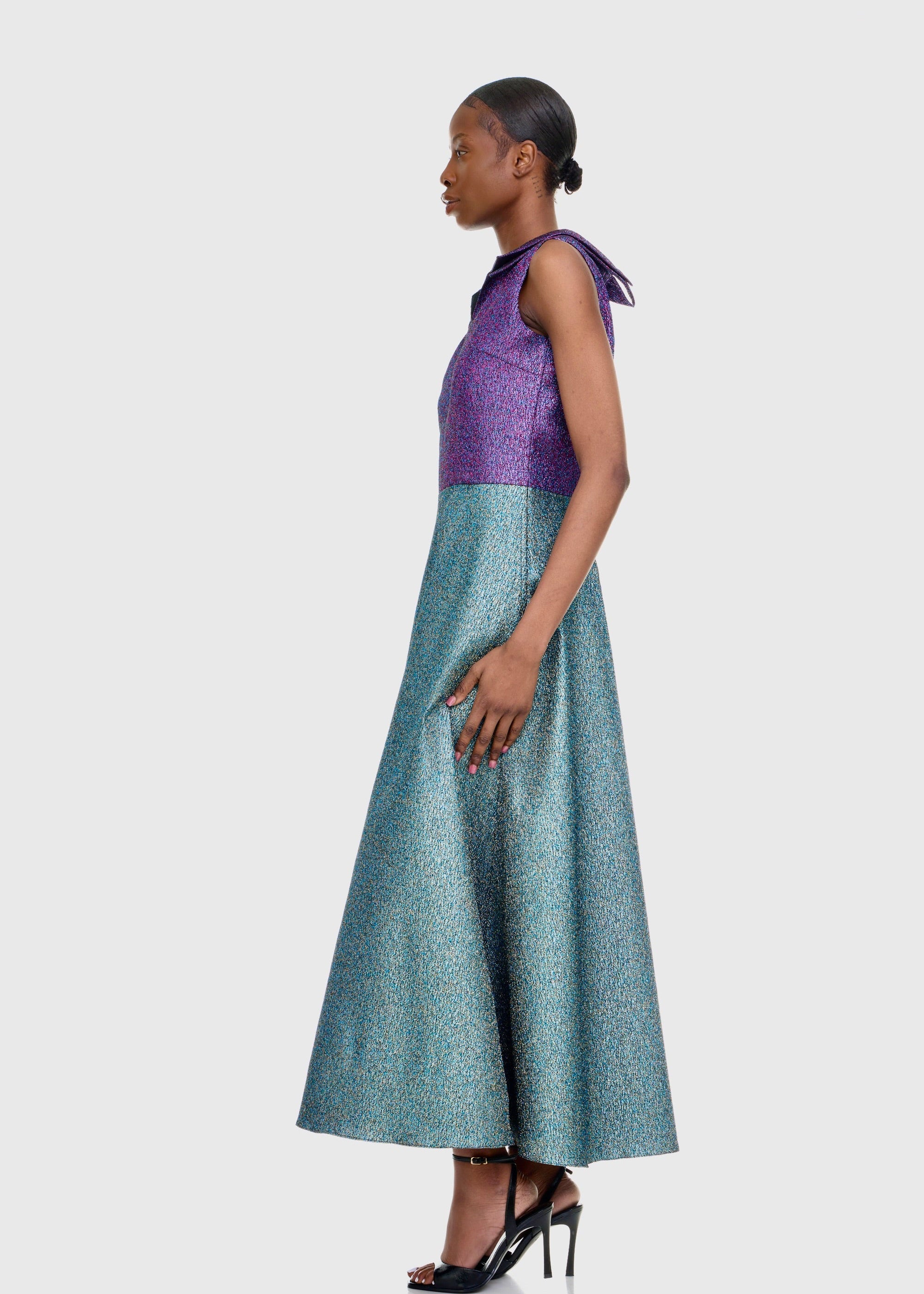 Black woman wearing Colorblock Shimmer Dress