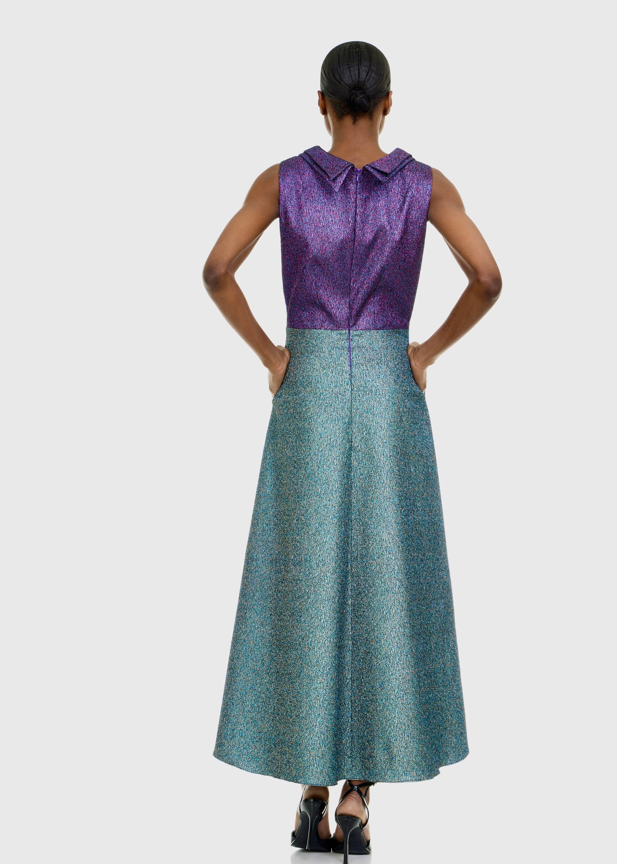 Black woman wearing Colorblock Shimmer Dress