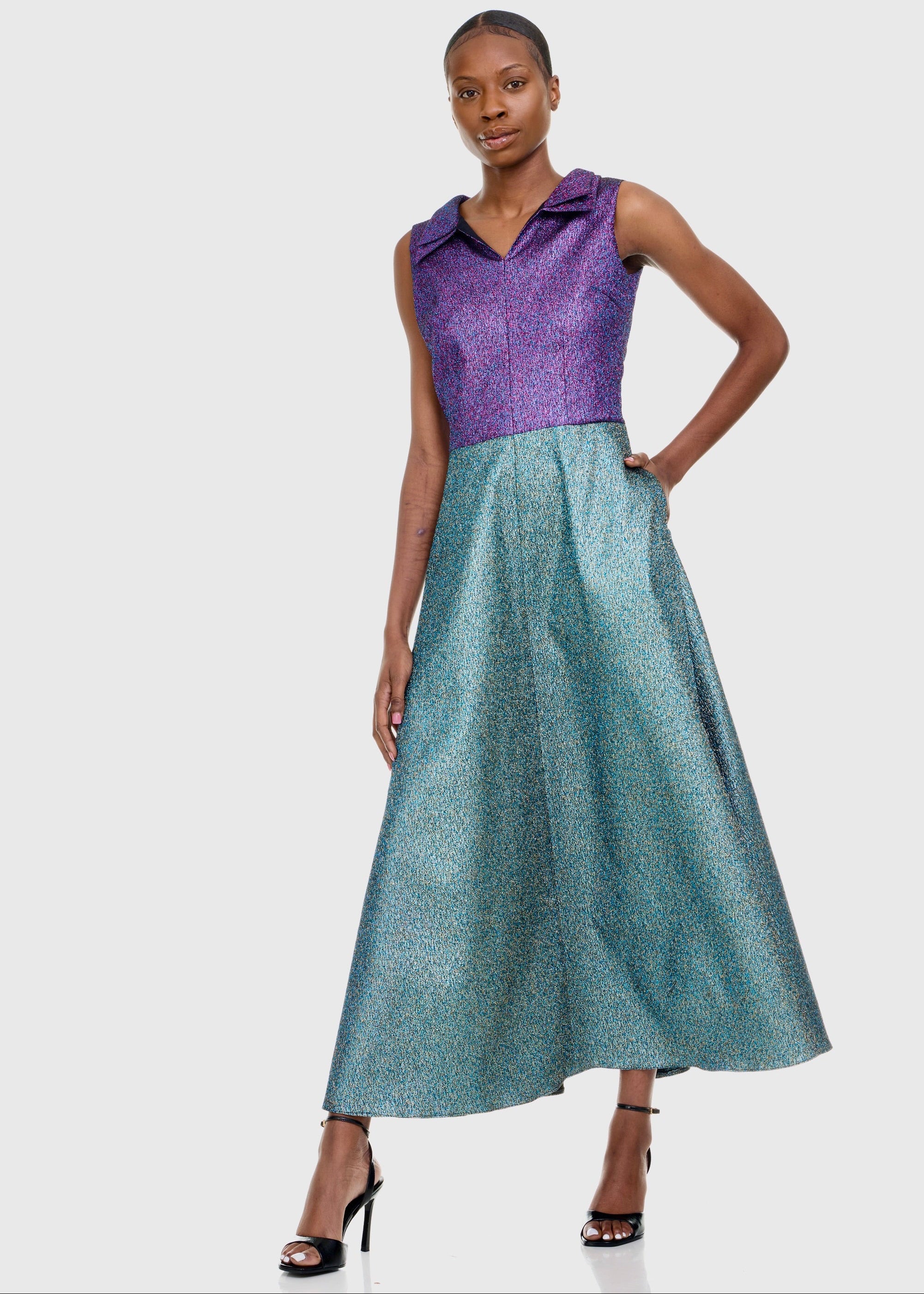 Black woman wearing Colorblock Shimmer Dress
