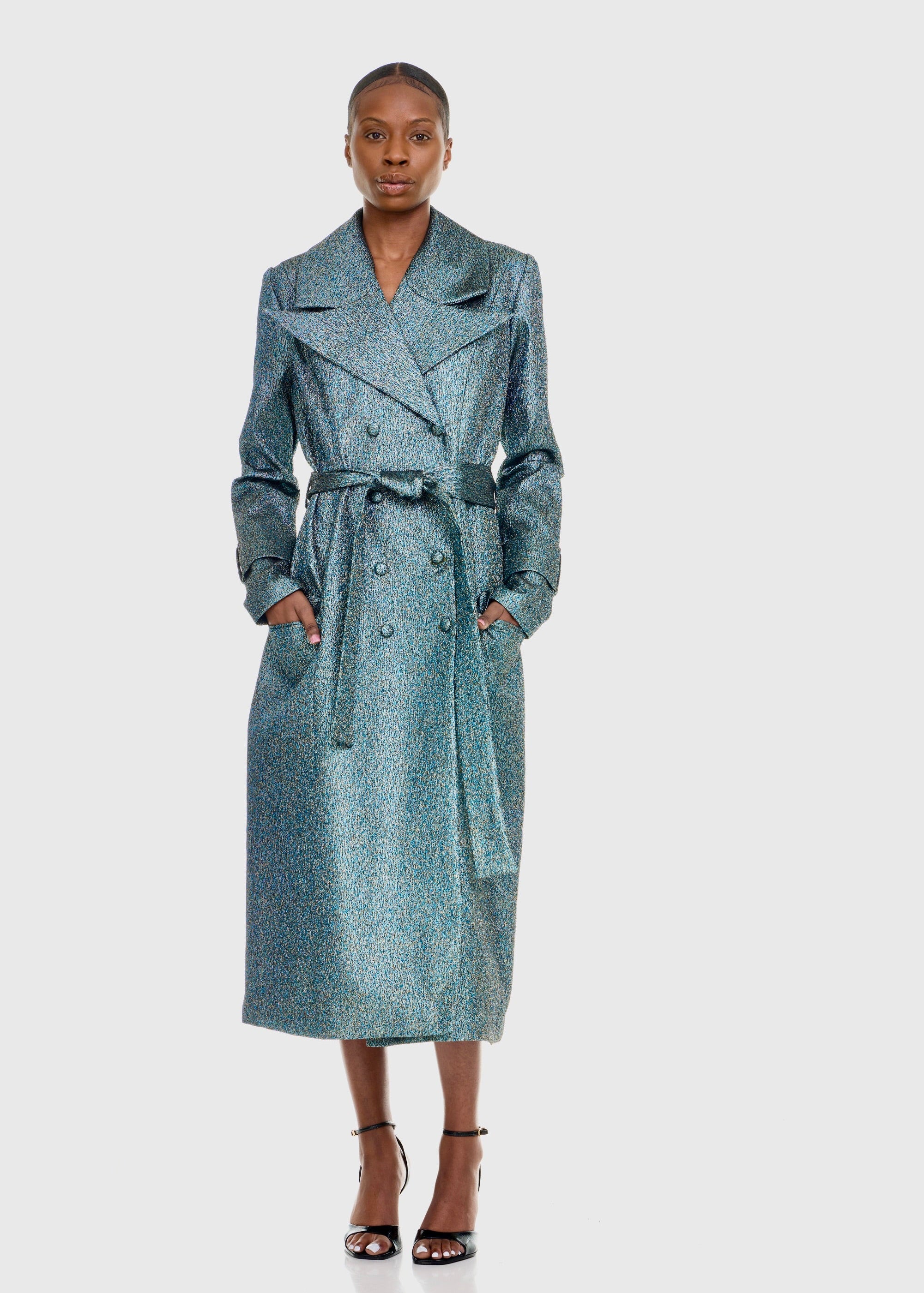 Black woman wearing Green Shimmer Trenchcoat