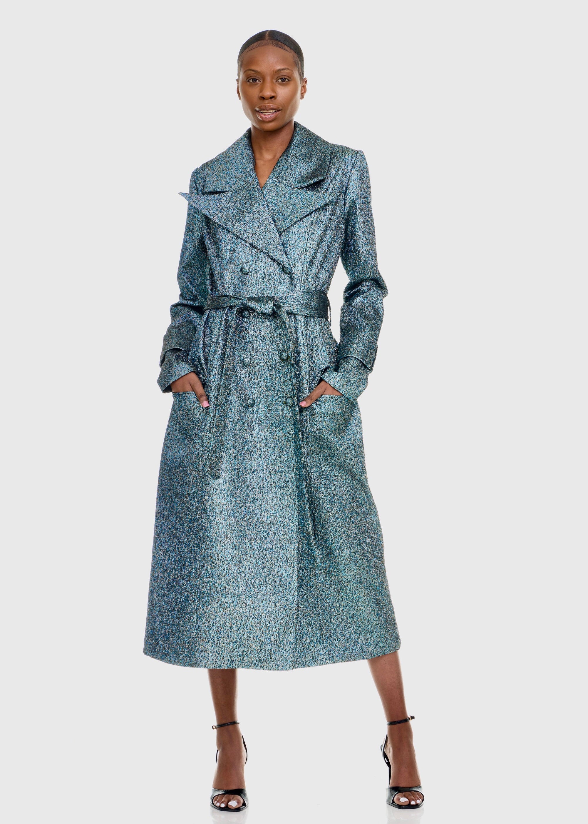 Black woman wearing Green Shimmer Trenchcoat