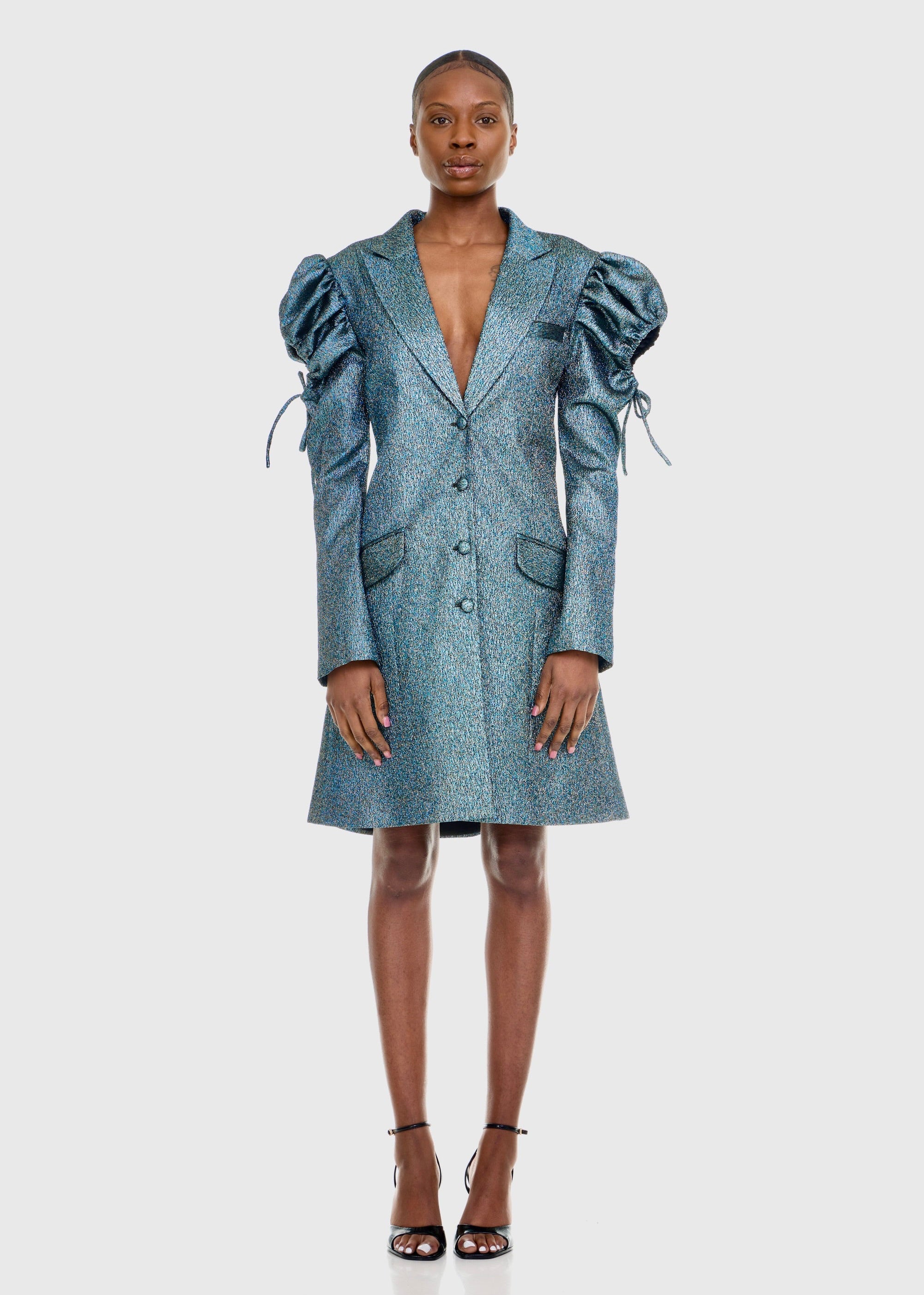 Black woman wearing Green Shimmer Tuxedo Dress/Jacket